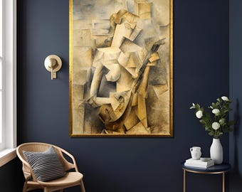 Impresión de Picasso de &quot;Chica con mandolina&quot; (1910), retrato de Fanny Tellier, arte mural cubista, regalo de decoración vintage para el hogar, impresión de alta calidad.