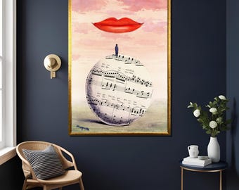 Rene Magritte La Reconnaissance Infinie 1961 Art Print Music & Red Lips Surrealism Wall Decor , Dreamlike Home Decor, Music  Illustration