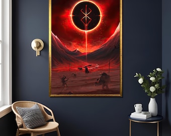 Berserk Red Moon Art Print - Dark Fantasy Wall Decor, Anime Poster, Gift for Fans, Unique Illustration, Gothic Home Decor , Ready To Hang