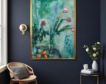 マルク・シャガール展ポスター - 飛んでいる恋人たちと花束 - 花 - 青