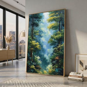 Misty Forest Landscape Canvas, Green and Yellow Tree Wall Art, Nature Scene Canvas Art, Tranquil Woodland Decoration, Ready to Hang