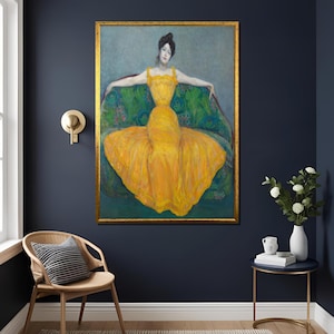 Retrato en lienzo de la Dama de Amarillo de Max Kurzweil, Secesión Vienesa. Elegante decoración de pared femenina de estilo Art Nouveau. Decoración de pared de lujo.