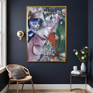 Marc Chagall I and the Village surrealistische dromerige canvasafdruk kleurrijke fantasy muurkunst voor grillige moderne huisdecoratie, Chagall Art