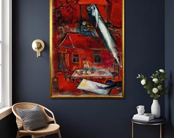 Marc Chagall Blue background red flower and painter art print, vibrant wall decor for home or office, unique gift for art lovers,Exhibition
