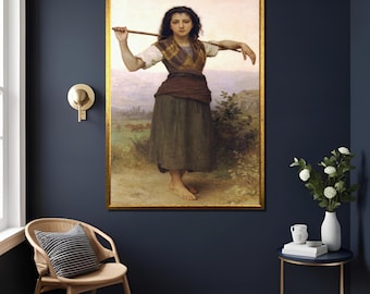 The Little Shepherdess Print by William-Adolphe Bouguereau 1889 – Classic Pastoral Wall Art, Vintage Farm Girl Painting, Fine Art Decor