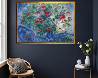 マルク・シャガール展ポスター - 飛んでいる恋人たちと花束 - 花 - 青