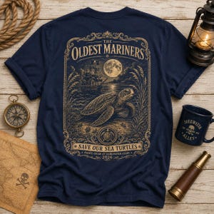 May include: A navy blue t-shirt featuring a detailed graphic print of a sea turtle swimming in the ocean under a full moon, with a sailing ship, tall grasses, and the text THE OLDEST MARINERS and SAVE OUR SEA TURTLES printed in a gold tone.
