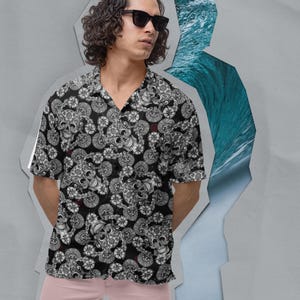 Men&#39;s Skull Hawaiian Camp Shirt, AOP Tropical Shirt, Casual Summer Wear, Beach Party Outfit, Vacation Essentials, Unique Gift Idea