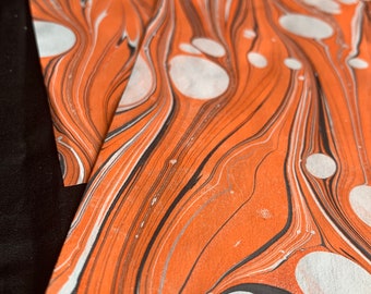 October Madness -- Medium Hand Marbled Paper Set of Two Black, Orange, and White Each 9.5 x 11.75”