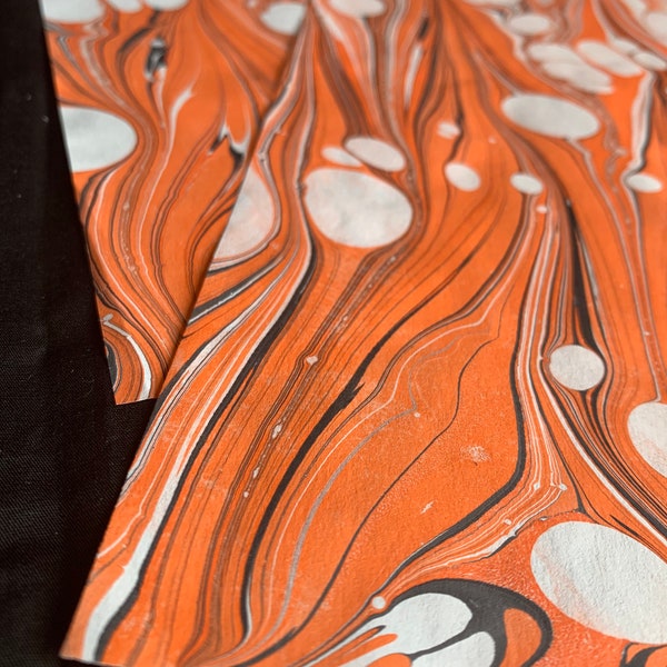 October Madness -- Medium Hand Marbled Paper Set of Two Black, Orange, and White Each 9.5 x 11.75”