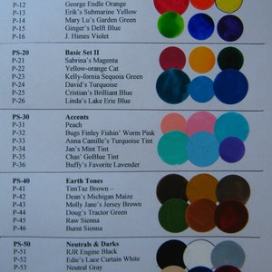 May include: A chart of paint colors with their names and corresponding paint swatches. The colors are organized into categories: Basic Set I, Basic Set II, Accents, Earth Tones, and Neutrals & Darks. The paint swatches are small circles of color.