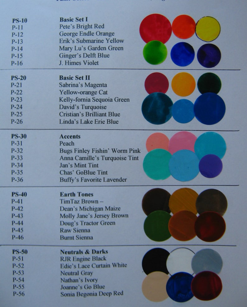 May include: A chart of paint colors with their names and corresponding paint swatches. The colors are organized into categories: Basic Set I, Basic Set II, Accents, Earth Tones, and Neutrals & Darks. The paint swatches are small circles of color.