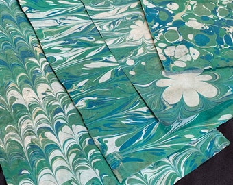 Hand Marbled Paper Quartet in Green Turquoise and Gray