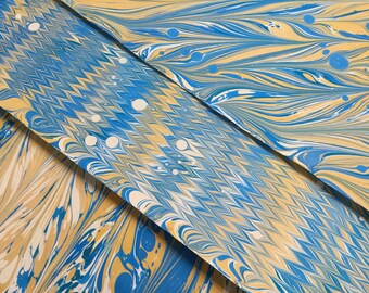 The Color Kittens Try Blue and Yellow--Set of Three Large Hand-marbled Paper Sheets Blue Yellow and White Marbled Paper Collection Ebru