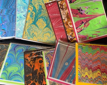6 Hand-Marbled Blank Cards - Random Assortment of Six Greeting Card with Envelopes Assorted Marbled Paper 4 1/4 x 5 1/2 inches