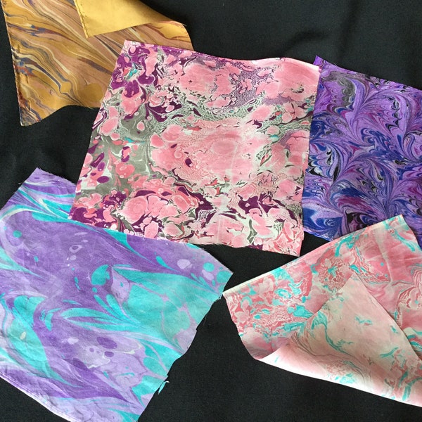 Hand-marbled Silk Scraps Five Approximate 5" Squares of Fabric Scrap Habotai  & Crepe For Crafting, quilting, card making--Free USA Shipping