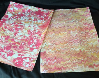 Ketchup & Mustard Pale -- Large Hand Marbled Paper Set of Two in Rose, Yellow Ochre and Ivory
