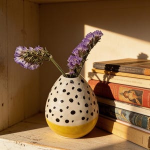 Op de afbeelding: Een ronde keramische vaas met een witte basis, zwarte stippen en een effen gele band aan de onderkant. De vaas bevat twee stelen met paarse statice bloemen. Het object staat naast een stapel boeken met een harde kaft.
