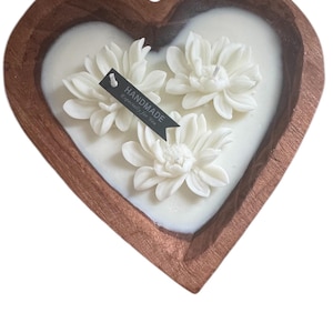 Heart-Shaped Floral Soy Candle | Handcrafted Peony Candle in Wooden Bowl | Romantic Gift | Custom Scented Candle | Decorative Flower Candle