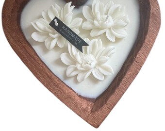 Heart-Shaped Floral Soy Candle | Handcrafted Peony Candle in Wooden Bowl | Romantic Gift | Custom Scented Candle | Decorative Flower Candle