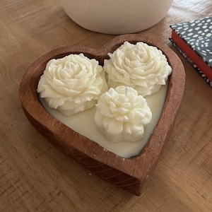 Heart-Shaped Floral Soy Candle | Handcrafted Peony Candle in Wooden Bowl | Romantic Gift | Custom Scented Candle | Decorative Flower Candle