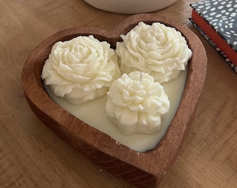 Heart-Shaped Floral Soy Candle | Handcrafted Peony Candle in Wooden Bowl | Romantic Gift | Custom Scented Candle | Decorative Flower Candle