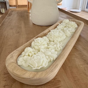 Handmade Flower-Shaped Dough Wood Bowl Candle – Natural Soy Wax | Rustic Boho Home Decor