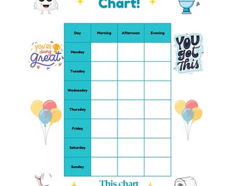 May include: A blue and white potty training chart with a grid for tracking progress. The chart has the days of the week listed on the left side and the times of day (morning, afternoon, evening) listed across the top. The chart also includes motivational phrases like "You're doing great!" and "You got this!"
