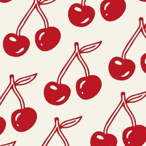 May include: A seamless pattern featuring red cherries with stems and leaves on a white background.