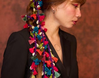 Handmade Colorful Tassel & Cowrie Shell Braid Wrap – Boho Statement Hair Accessory
