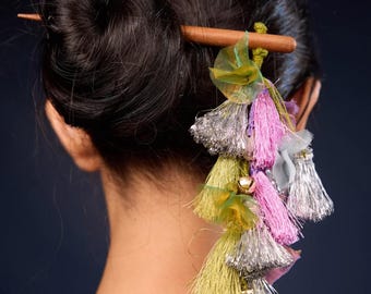 Boho Tassel Hair Stick – Handmade Bun Holder with Bells, Festival Accessory