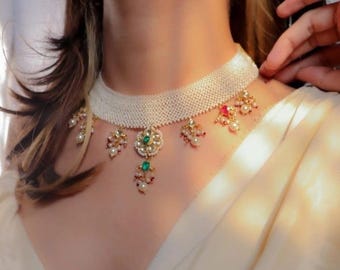 Indian Pearl Choker Necklace, Kundan Bridal Jewelry, Traditional Gold Ethnic Necklace