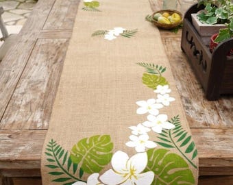 Hand Painted Jute Table Runner | Tropical Floral Burlap Farmhouse Decor