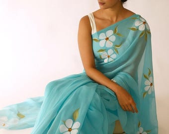 Handpainted Sky Blue Organza Saree