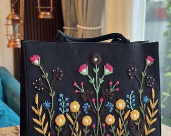 Hand Embroidered Floral Tote Bag, Black Fabric Handbag, Boho Flower Purse, Gift for Her