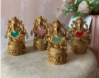 Vintage Ganesha Kum Kum Box | Brass Finish Hindu Puja Container, Spiritual Gift