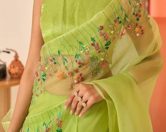 Traditional Indian organza Saree with hand embroidery