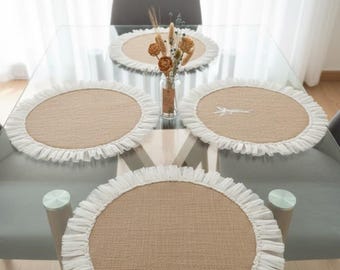 Round Burlap Placemats with White Ruffle Trim Table Mats