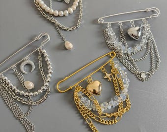 Handmade Pearl Charm Safety Pin Brooch Set | Layered Chain Statement Pins, Boho Jewelry