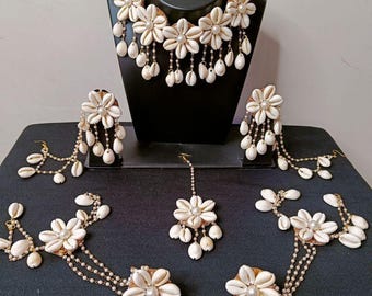 Handmade Cowrie Shell Floral Jewelry Set | Boho Bridal Accessories