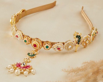 Kundan Headband, Bridal Hair Jewelry, Pearl Tassel Headpiece, Indian Wedding Accessory