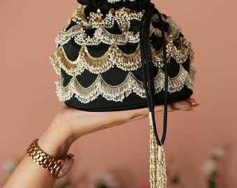 Elegant Black Velvet Potli Bag with Pearl & Gold Beadwork