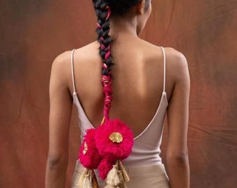 Handcrafted Floral Braid Jewelry, Red Pom-Pom Tassel Hair Piece