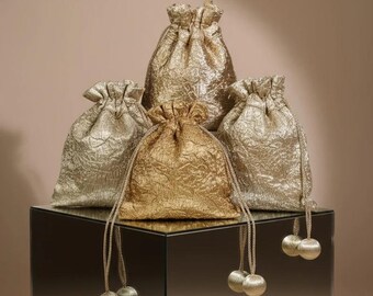 Metallic Gold Silver Drawstring Gift Bags, Pom Pom Tassel Jewelry Pouches