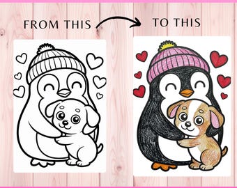 Penguin Hugging Dog Coloring Pages | Printable PDF | Kids Activity | Instant Download