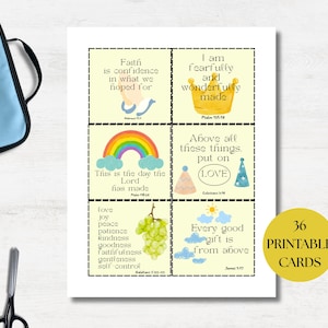 May include: A set of 36 printable cards with inspirational quotes and illustrations. Each card features a different message, such as "Faith is confidence" and "Every good gift is from above." The cards have a yellow background and are decorated with colourful graphics.