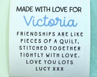 Quilt Label Personalised Blanket Patch 3 Sizes Available 50mm, 60mm, 70mm Cotton Sew On Quilt Label Tags -007d Friendship Quilting Tag