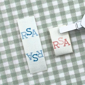 May include: Two white fabric labels with the letters "RSA" printed on them. One label has the letters in light blue, and the other has the letters in red. The labels are on a green and white checkered background.