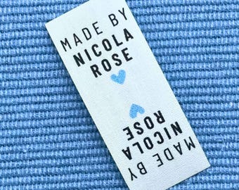 Personalised Label Sew On Quilt Label Fabric Garment Product Handmade Made by Foldover 1" x 2" 25mm x 50mm x / Modern Colour Heart 001a(10)