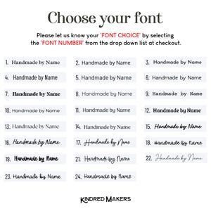 May include: Image displaying a selection of 24 font styles for personalized products. The text reads "Choose your font" and provides instructions to select a font number at checkout. The brand name "KINDRED MAKERS" is at the bottom.